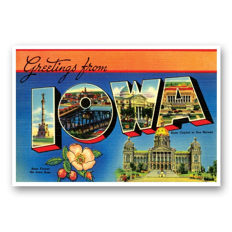 Postcard Fair GREETINGS FROM IOWA vintage reprint postcard set of 20 identical postcards. Large letter US state name post card pack (ca. 1930's-1940's). Made in USA. - Image 1